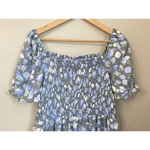 Ann Taylor LOFT Outlet Dress Smocked Bodice Puff Sleeves Gray Blue Large L - Picture 2 of 5
